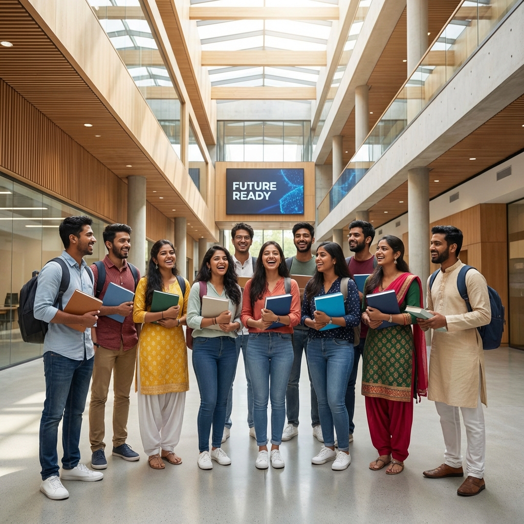 Happy students holding books